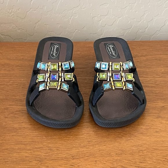 Grandco Sandals 6 Black Blue Green Crystals 3 Strap Slide Wedge - Picture 3 of 11